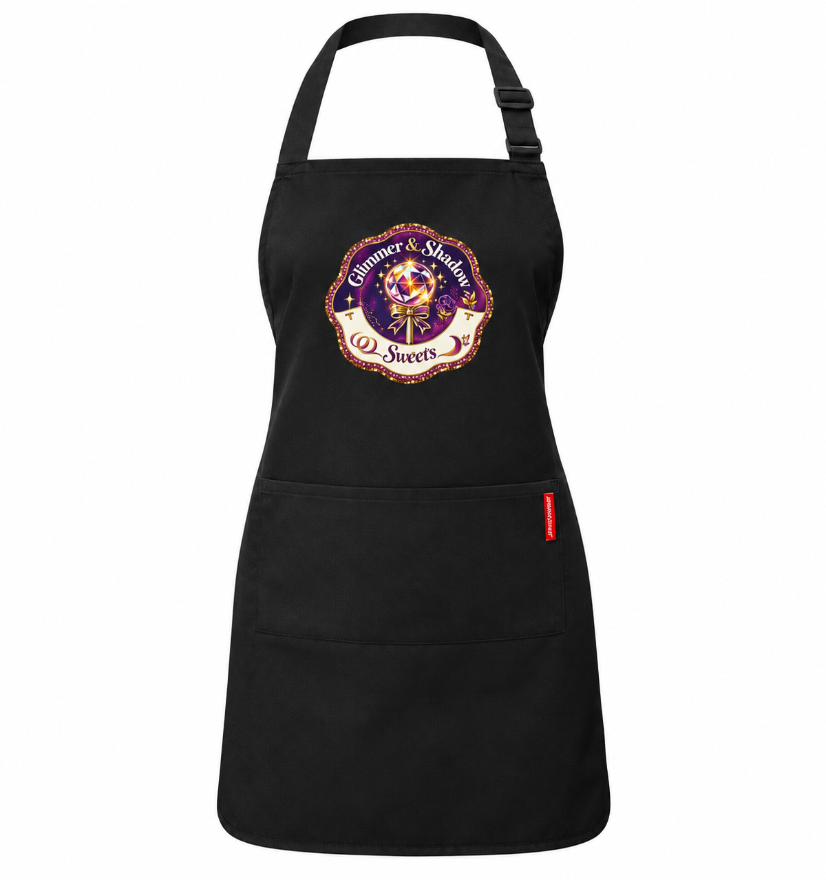 Black apron with an example colourful Glimmer and Shadow Sweets personalised logo