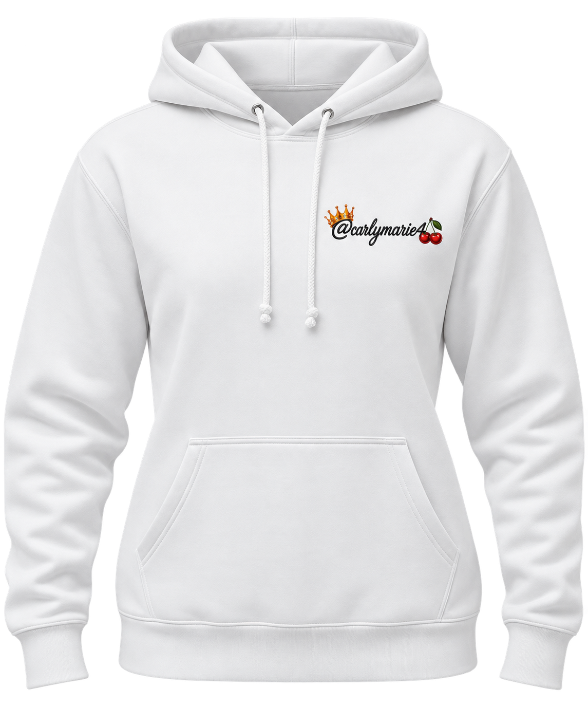 White women’s hoodie with drawstring hood, pouch pocket and example personalised chest design