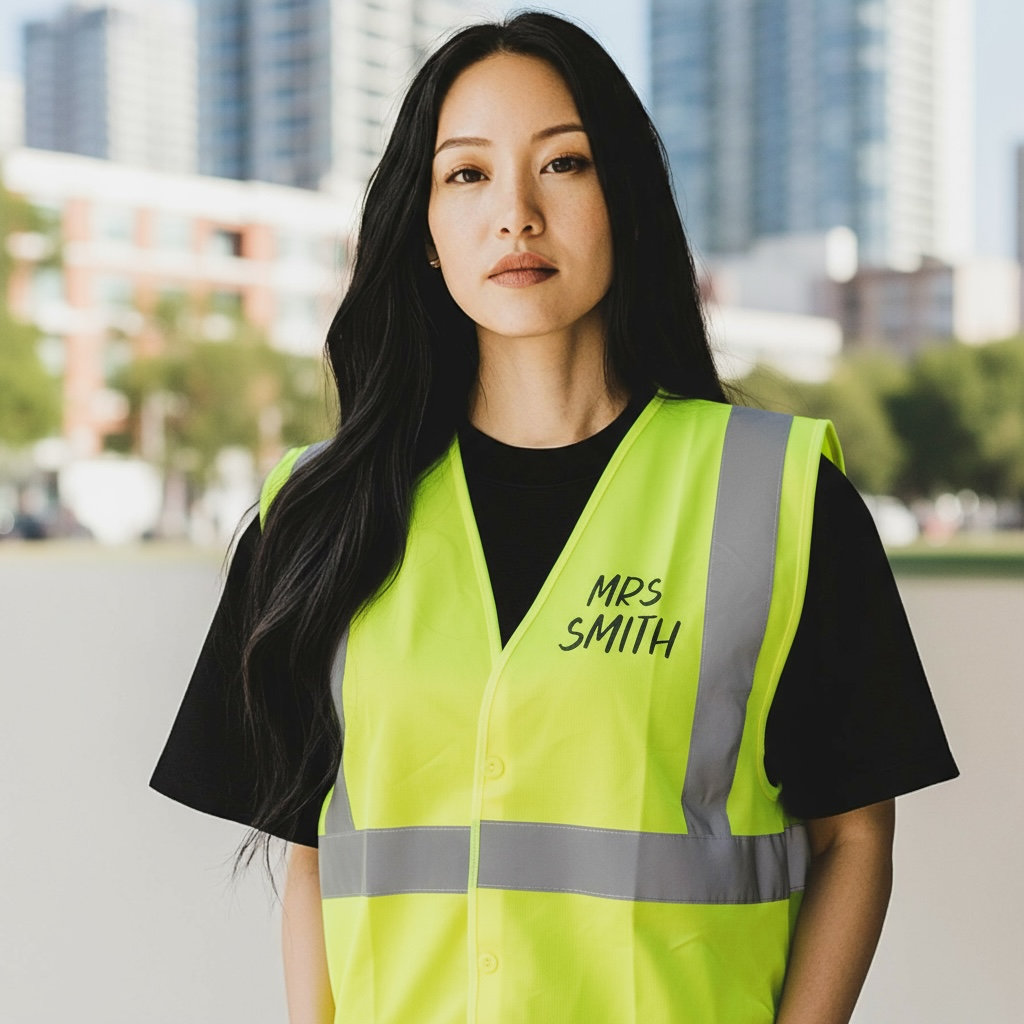 Front of personalised yellow high-vis vest with Mrs Smith text