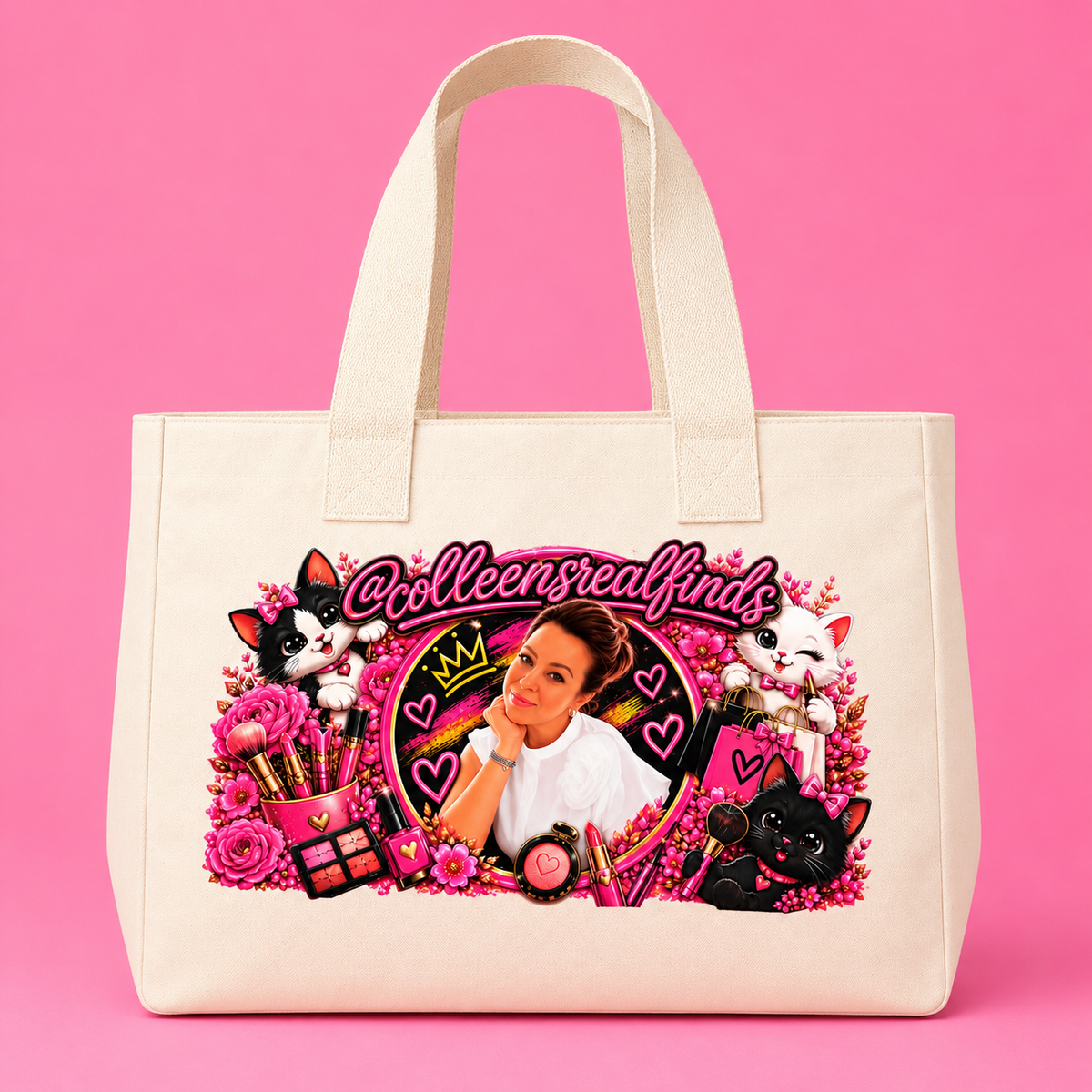 Cream personalised tote bag with a colourful print against a pink background
