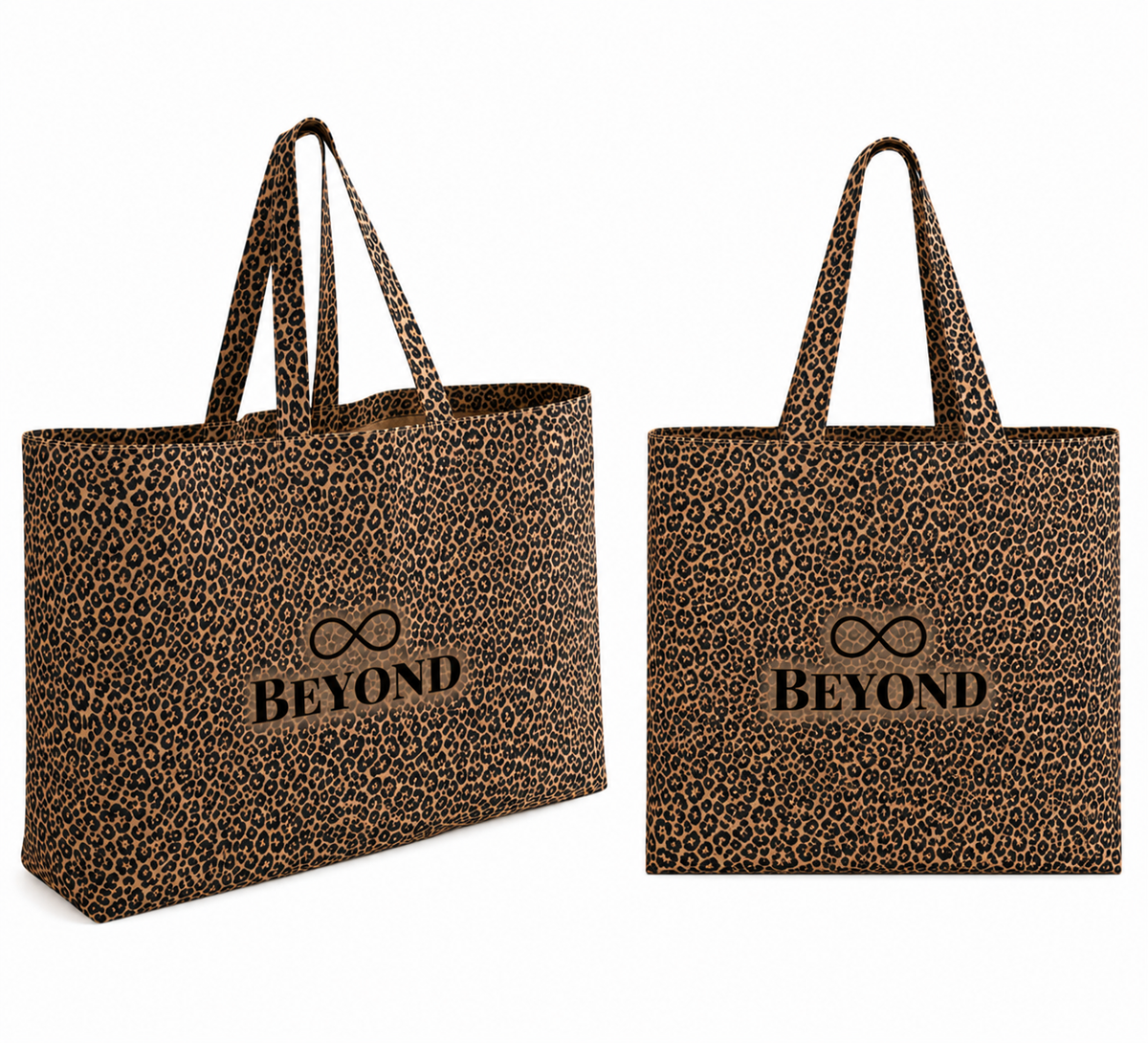 Leopard-print extra-large tote bag with Beyond logo shown from two angles