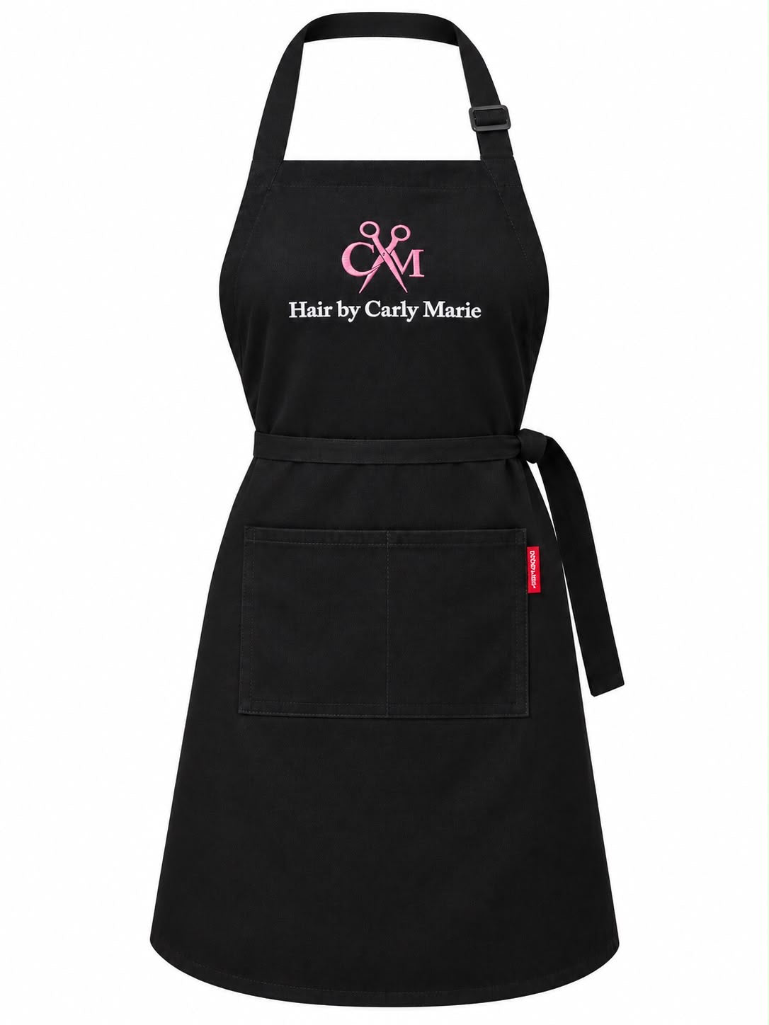Black apron with an example Hair by Carly Marie personalised logo