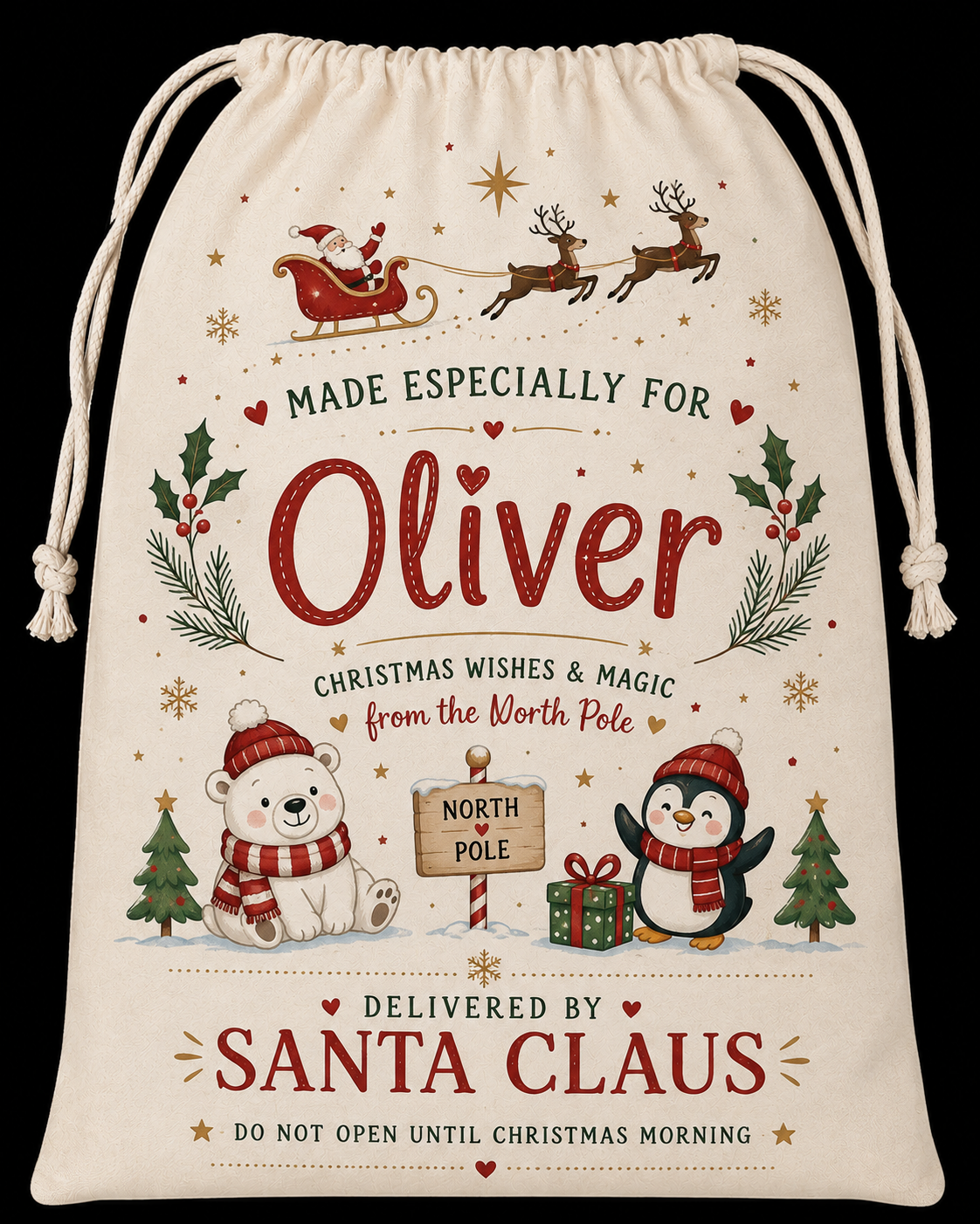 Cream personalised Santa sack with polar bear, penguin and example name Oliver