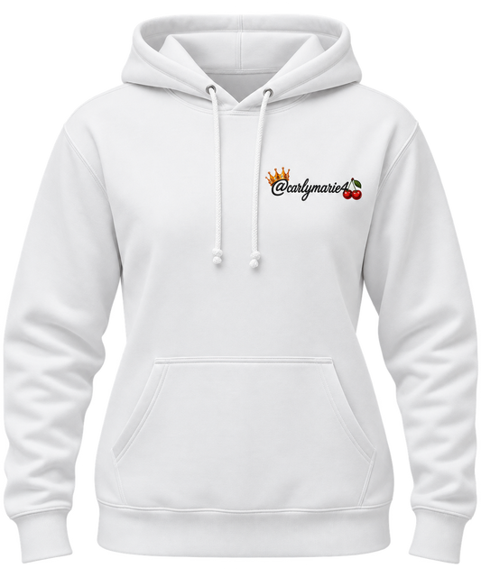 White women’s hoodie with drawstring hood, pouch pocket and example personalised chest design