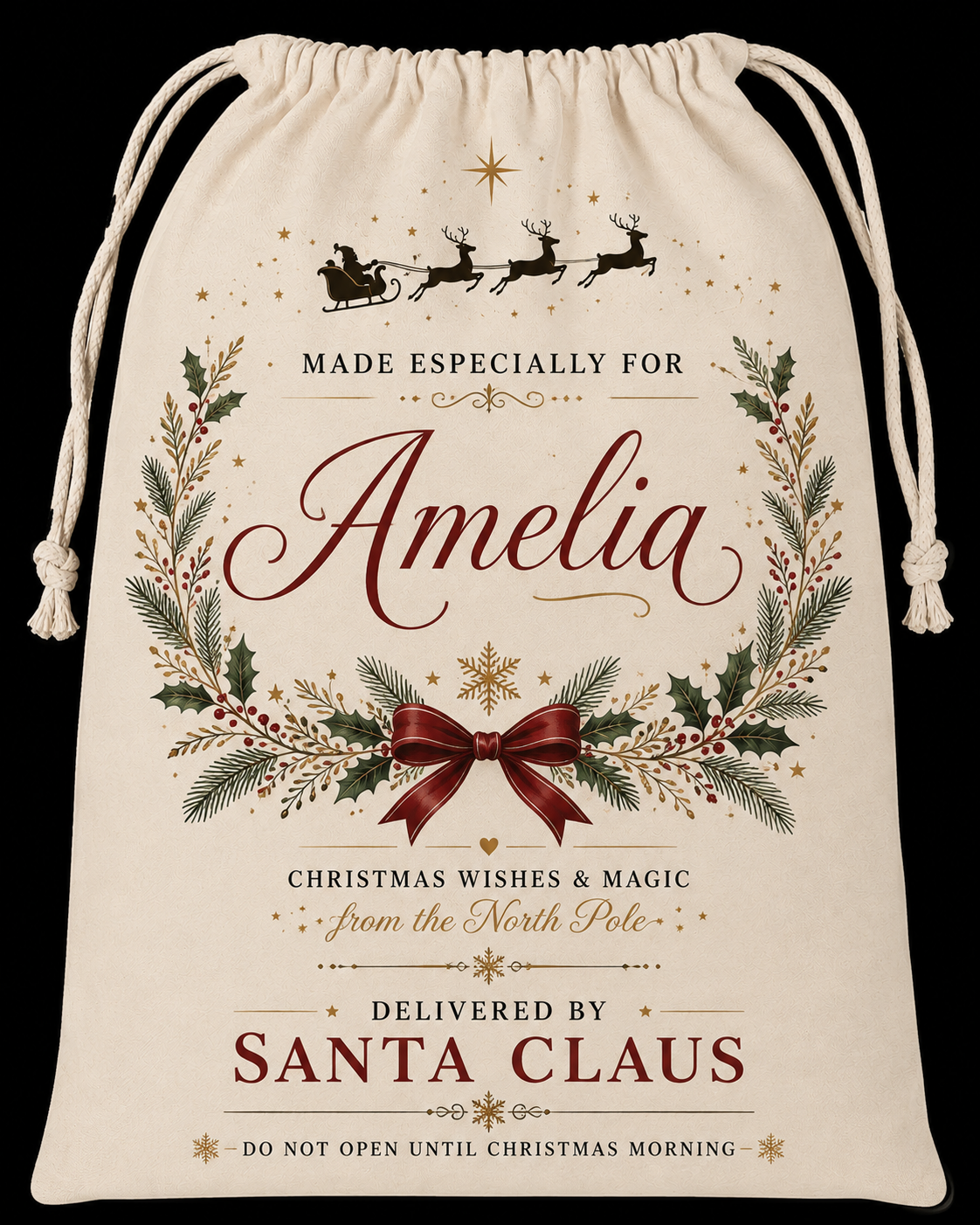 Cream personalised Santa sack with festive wreath and example name Amelia