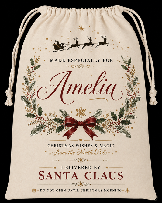 Cream personalised Santa sack with festive wreath and example name Amelia