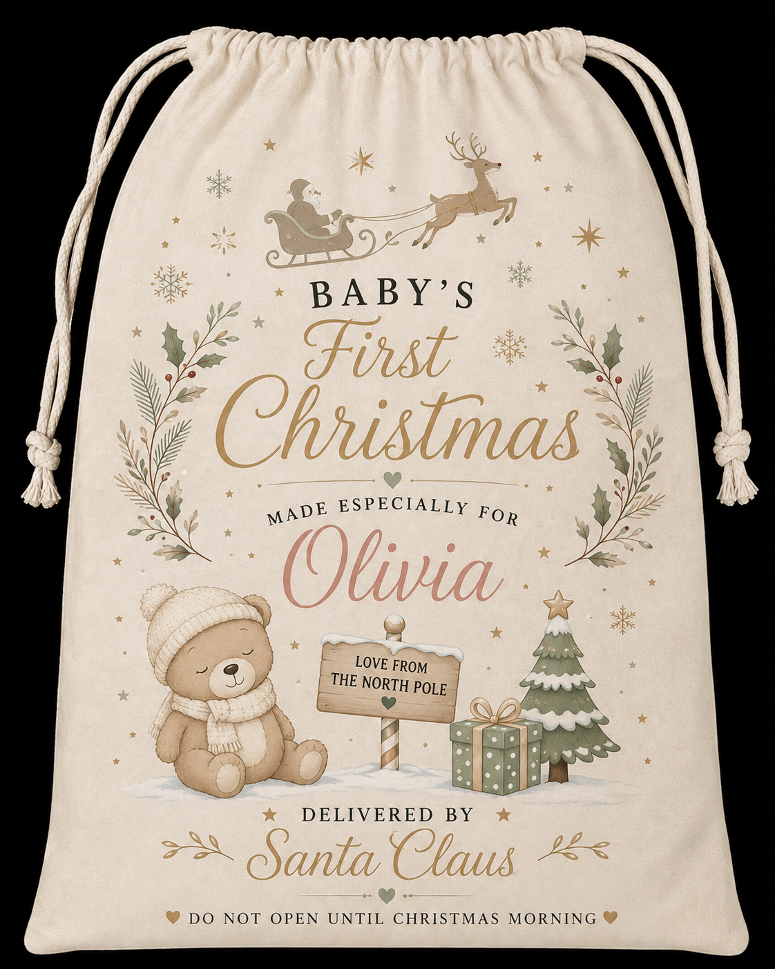 Cream Baby’s First Christmas sack with teddy bear and example name Olivia