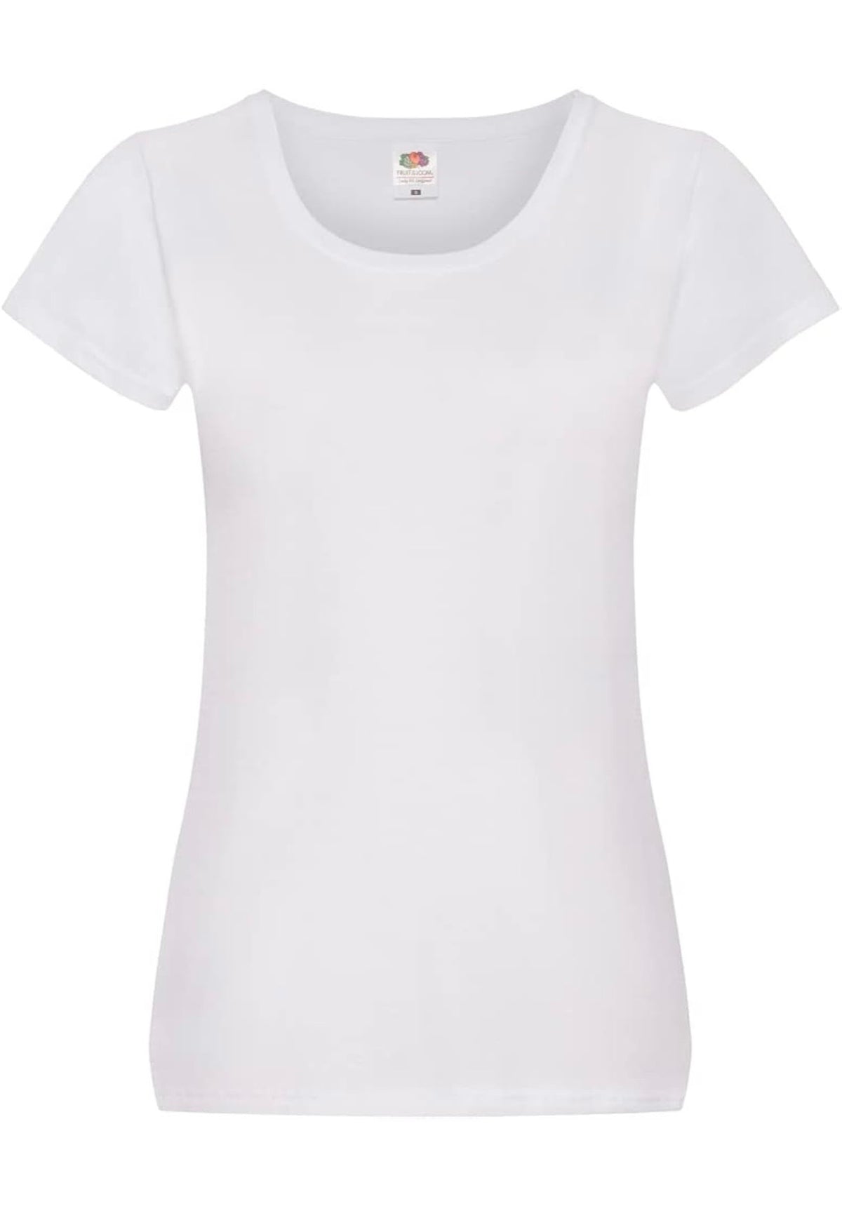 Plain white fitted T-shirt with short sleeves and a rounded neckline