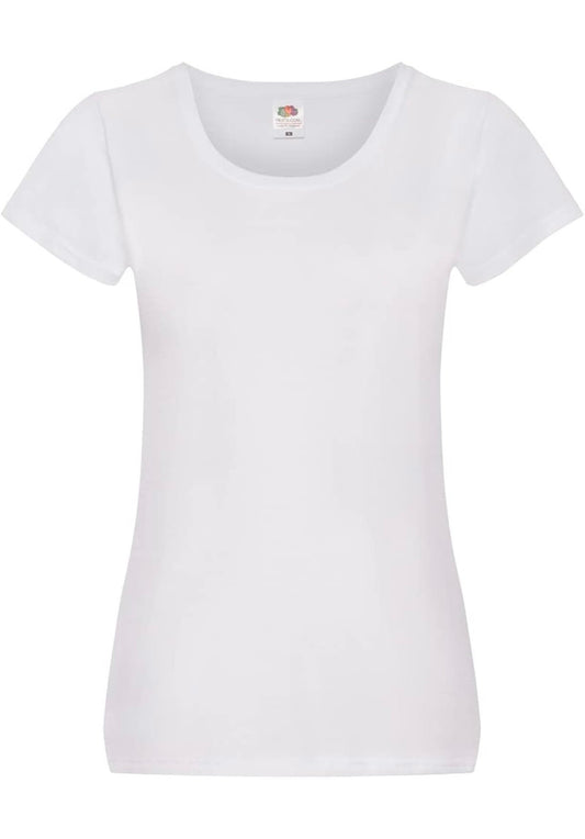 Plain white fitted T-shirt with short sleeves and a rounded neckline