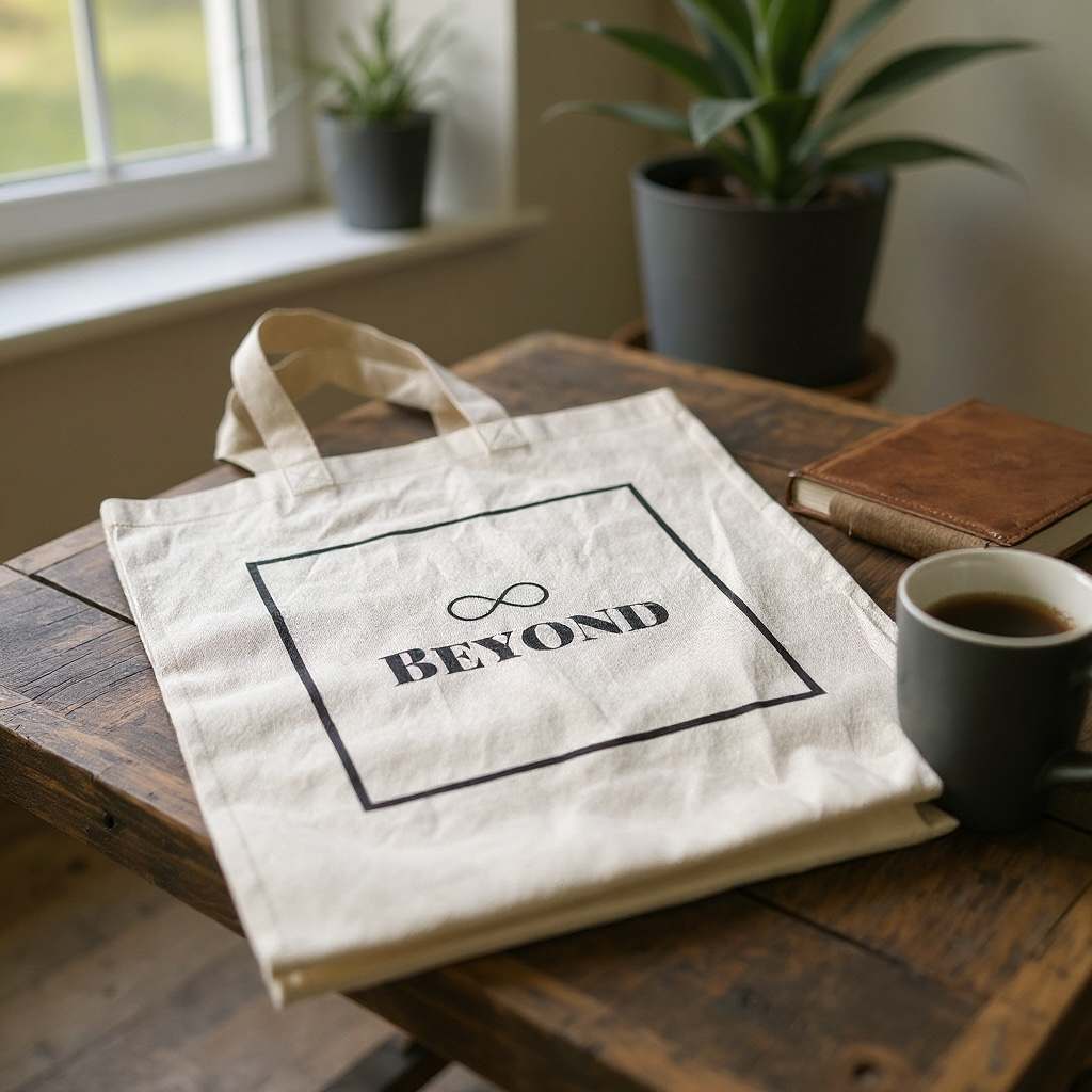 Cream Beyond tote bag laid on a wooden table showing the black framed logo