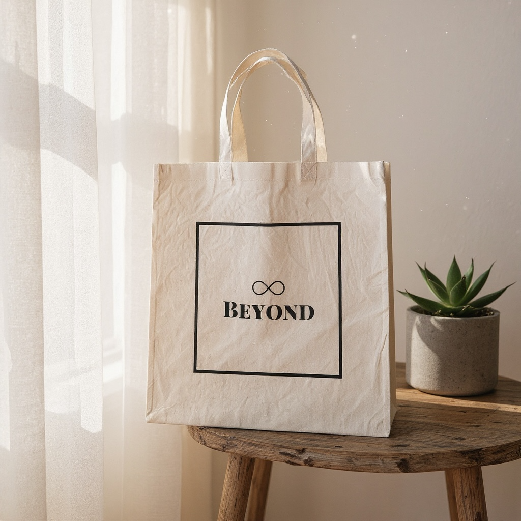 Cream Beyond tote bag standing upright with black framed logo