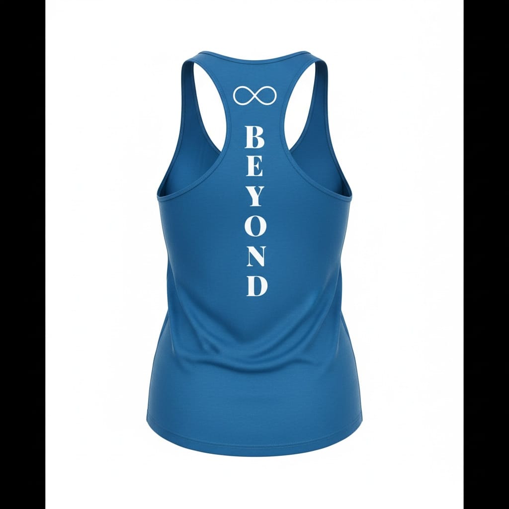 Blue Men's Gym Stringer Vest with Beyond logo, back view