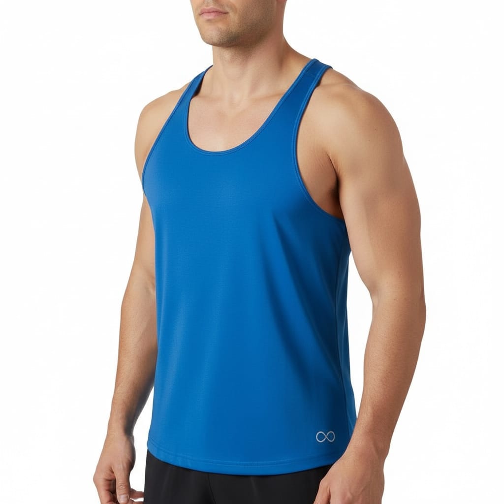 Man wearing a blue Men's Gym Stringer Vest, front view